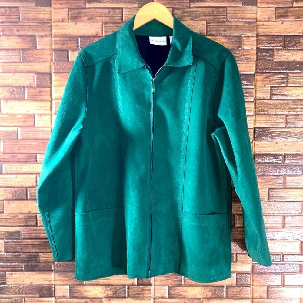 Alfred Dunner Turquoise Moleskin Embroidered Fleece Lined Zip Up Jacket SIZE 12